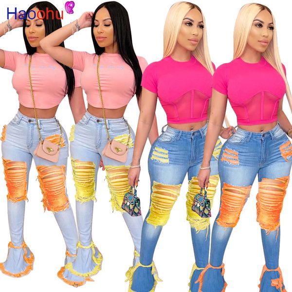 

women's jeans haoohu print ripped for women hole high waist bell bottom flare skinny trousers vintage stretch denim pants, Blue