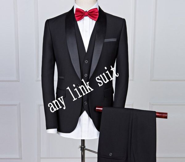 Popular Um botão Preto Preto Groom Shawl Lapel Groomsmen Mens Suits Wedding / Prom / Jantar Blazer (jaqueta + calça + colete + gravata) K533