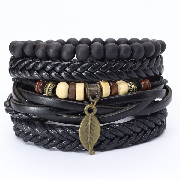 

trust in god faith black guitar leaf beads wristband leather set men bracelets women homme fashion jewelry accessories
