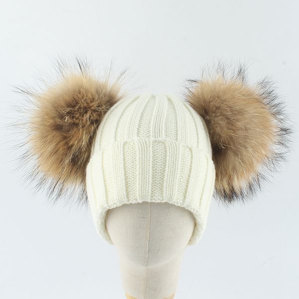 

beanies 2021 winter hat for kids real raccoon hair ball knitted woolen hats warm double pompom baby girls boy children