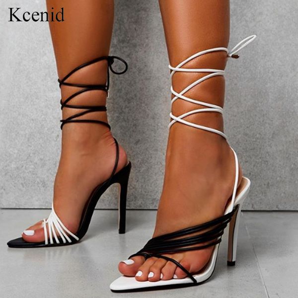 

kcenid plus size 35-42 pointed toe women sandals clip toe ankle strap sandals stiletto high heels lace up shoes for women, Black