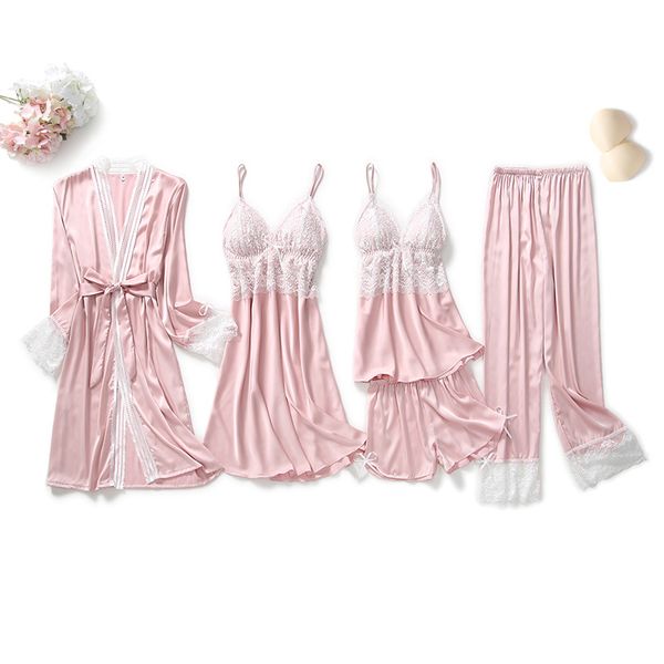 

5 pieces pajamas set lace satin sleepwear sets women pink nightgowns negligee bridesmaid robe dressing gown kimono bathrobe, Black;red