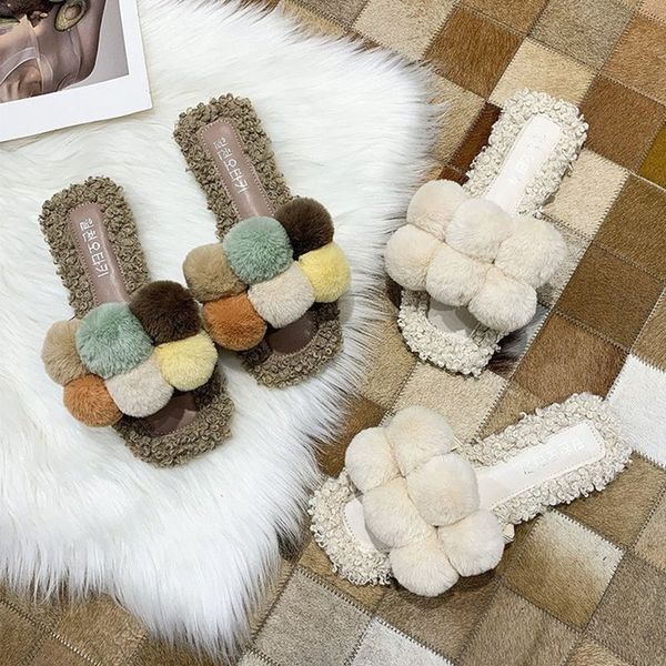 

multicolor&white lambswool slippers women lovely hairball square toe furry slides youth flats indoor curly hair pantuflas femmes, Black
