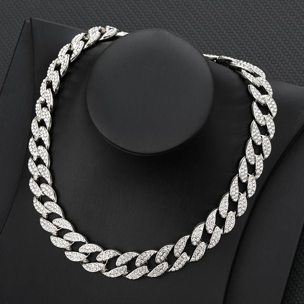 

15mm iced out cuban necklace chain hip hop jewelry choker gold silver color rhinestone cz clasp for mens rapper necklaces link