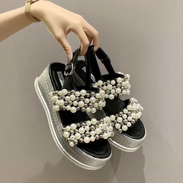 

2020 summer new fashion pearl rhinestone open toe linen platform platform sandals large size sandals, Black