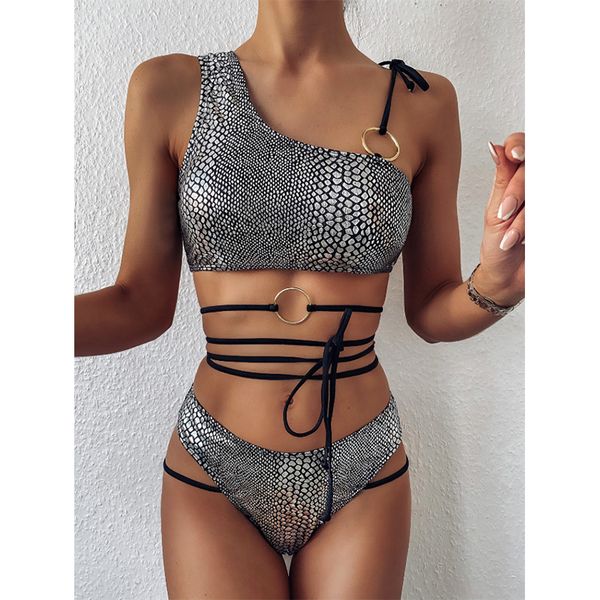 

bikini reversible snakeskin print swimwear women one shoulder padded bathing suit wireone shoulder bikini sets b320