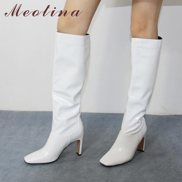 

meotina women knee-high boots shoes square toe chunky heels long boots extreme high heel slip-on ladies winter black 43