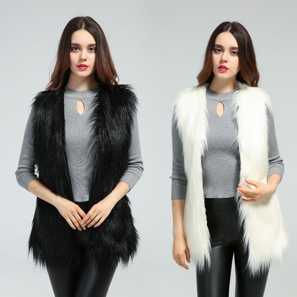 

women long hair faux fur gilet in solid color, Black