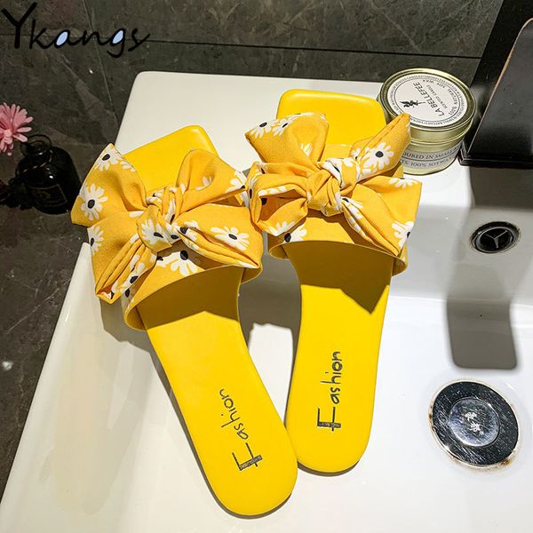 

flower print bow women summer slipper open-toe flip flops outside korean fashion shoes 2020 new ladies black sandals cute shoes