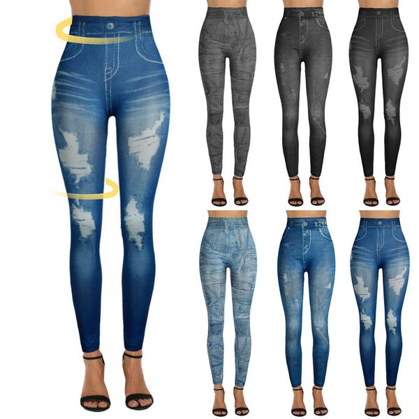 

2020 women jean leggings sport women fitness high waist yoga pants dames legging broek elastic slim gym leggings hot, White;red