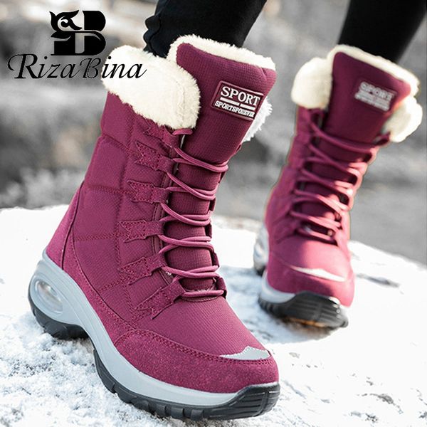 

rizabina women boots shoes waterproof plush fur warm snow boots lace up round toe flat heel leisure shoes outdoor size 36-42, Black