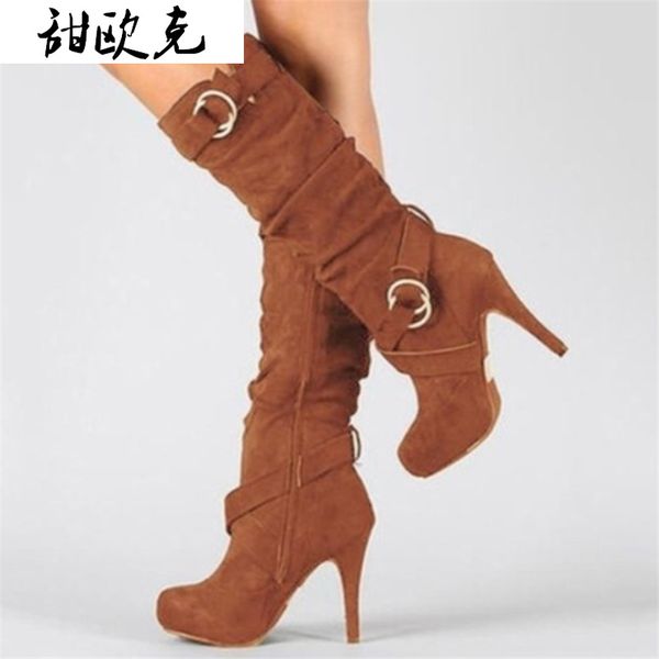 

2020 autumn winter women boots stretch slim thigh high boot new fashion zipper mid-calf boot thin high heels shoes woman botas, Black