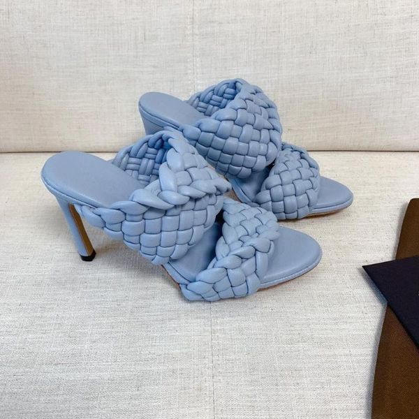 

weave slippers women leather high heels femmes sandales luxury summer zapatos de mujer slides party mujer bombas size 35-40, Black