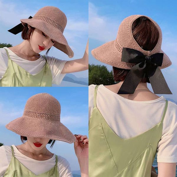 

2020 fashion women sun hats hand made straw hat female ribbon bow-knot wide brim beach hat casual summer shade anti uv cap, Blue;gray