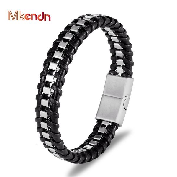 

mkendn punk bicycle chain titanium stainless steel magnetic buck bracelet men multilayer braid genuine leather bracelet pulseras, Golden;silver