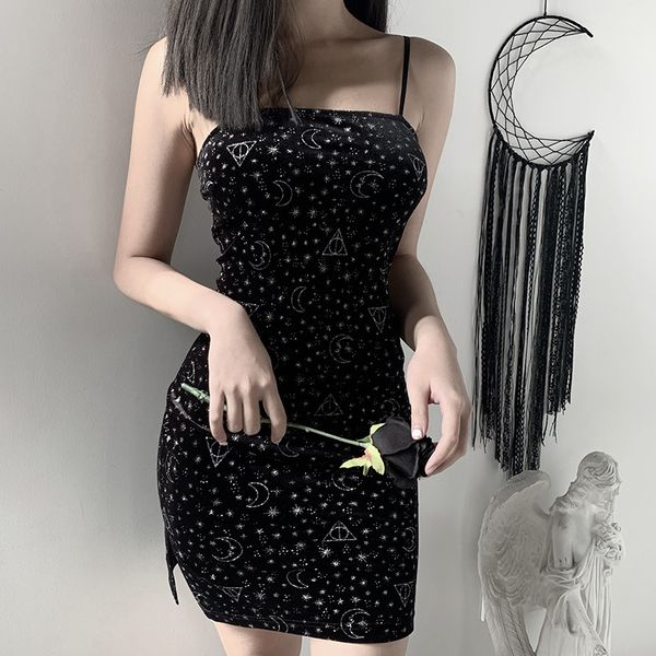 

2020 new dark chic starry sky print sling small black dress ins suede high waist split small fragrance dress, Black;gray