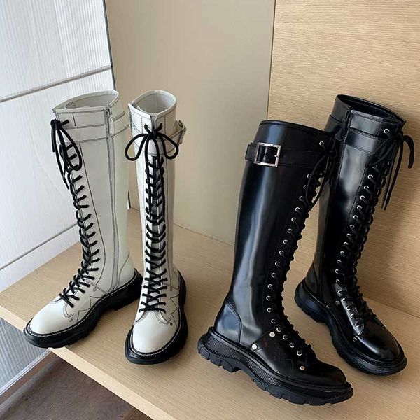 

thigh high boots women luxury botas mujer lace up shoes women thick sole botines mujer fashion buty damskie leather footwear, Black