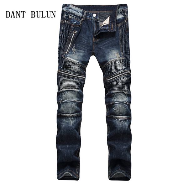 

men's jeans 2021 fashion biker men slim fit motocycle pleated denim pants trousers for male straight washed multi zipper, Blue