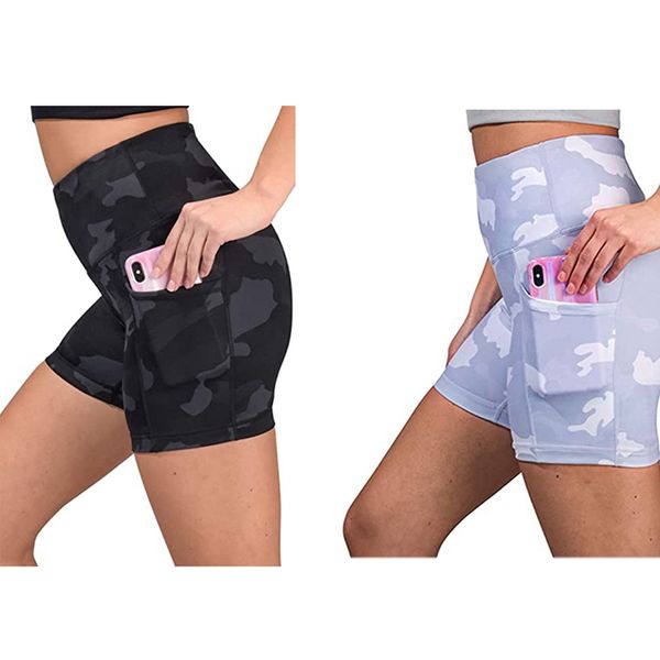 

high waist gym leggings yoga shorts camouflage print pocket breathable gym shorts for women yoga, White;red