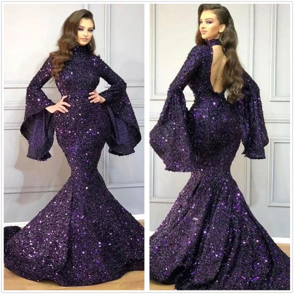 

arabic high neck sequins mermaid evening dresses 2020 flare long sleeves backless floor length formal party gowns bc3998