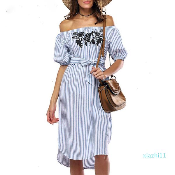 

womens clothes summer dress striped dress women off shoulder 2019 fashion short sleeve slash neck print floral stripe dress beach, Black;gray