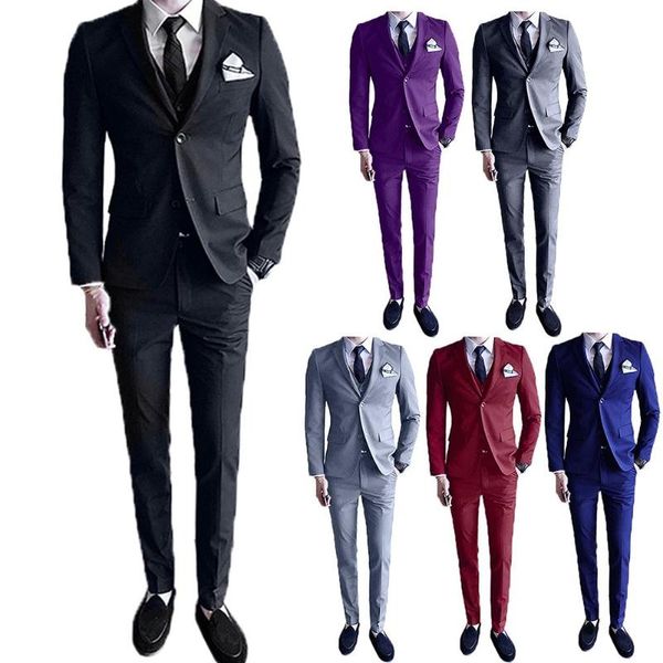

2020 men autumn solid color lapel collar coat jacket vest pants business suit set boutique suit, White;black