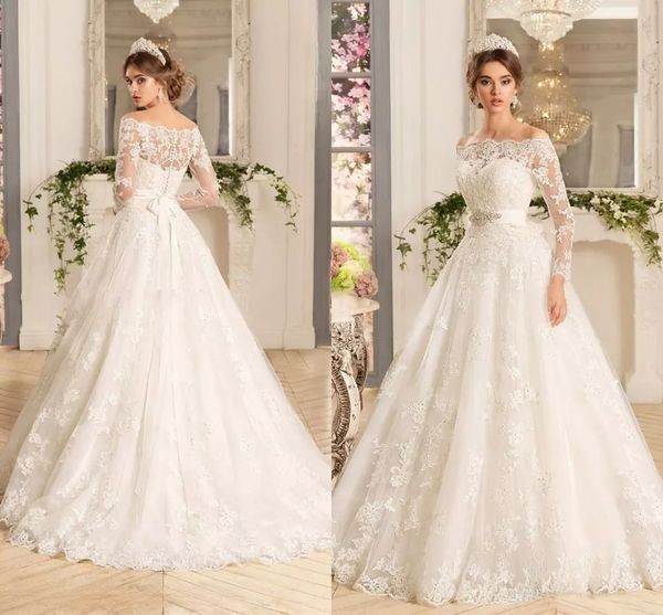 

Custom Long Sleeves Lace Appliques Wedding Dresses 2020 with Beads Sash Sweep Train Tulle Wedding Bridal Gowns