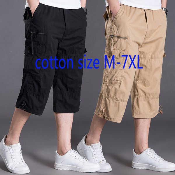 

men's shorts arrival fashion summer pocket tooling casual loose pure cotton thin youth elastic waist knee length plus size m-7xl, White;black