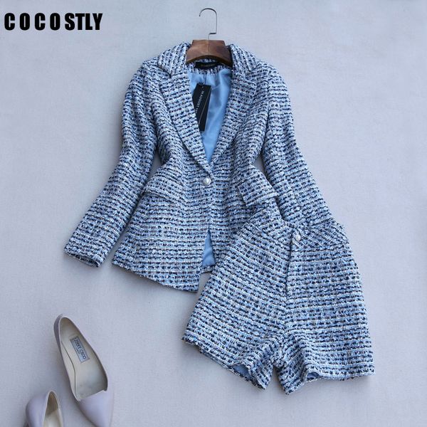 

autumn spring long sleeve tweed jacket coat women outwears plaid tweed shorts suit women 2 pieces sets suits clothes, Gray