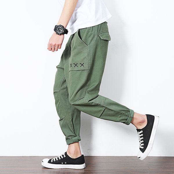 

men's pants 2021 spring letter embroidery men korean fashion haren ankle-length hip hop skateboard green color harem, Black