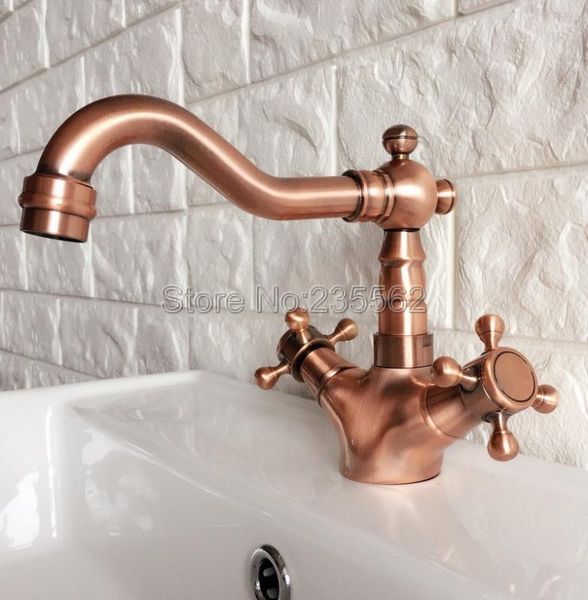 

antique red copper swivel spout bathroom faucet single hole deck mounted double cross handle basin sink faucet lrg053