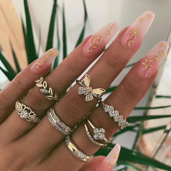 

7 pcs/set vintage gold rings women fashion crystal butterfly leaf gem geometry finger ring set party wedding jewelry accessories, Golden;silver