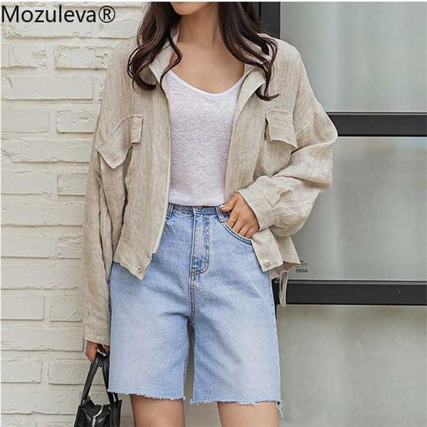 

mozuleva 2020 new summer fall women's jacket stand collar casual loose pockets cargo cotton and linen zipper short basic, Black;brown