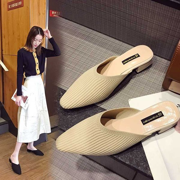 

shoes woman 2020 womens slippers outdoor shallow low square heel pantofle cover toe summer block new pu fabric slides rubber, Black