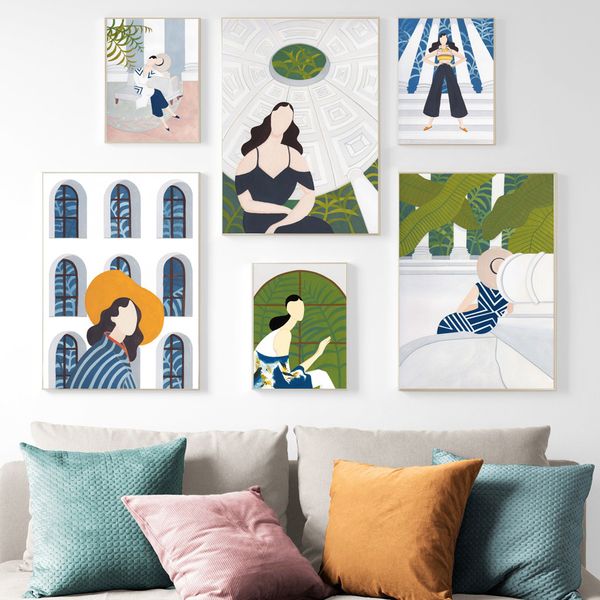 

nordic minimalist fashion woman building leaves wall art canvas painting posters and prints wall pictures for living room decor
