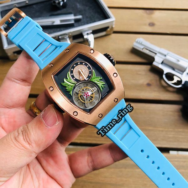 

edition rm19-02 skeleton dial rose gold steel case japan miyota automatic movement sapphire mens watch blue rubber strap sport watches, Slivery;brown