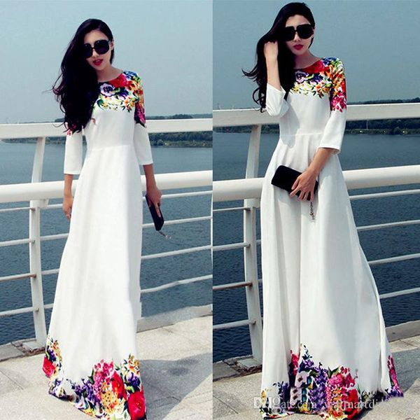 

2017 long women party dresses white floral print maxi boho beach dress plus size robe casual vestido longo ropa026, Black;gray