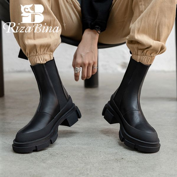 

rizabina real leather woman ankle boots fashion platform warm winter shoes women casual daily thick heel boot lady size 34-40, Black