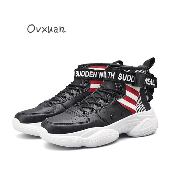 

ovxuan sport boots men tape buckle flat thick rubber bottom short boots for dad shoes high casual american style ankle, Black