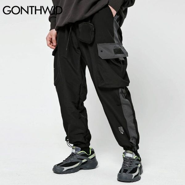 

gonthwid color block лоскутная mulit-карманы cargo гарем бегуны брюки streetweat hip hop мужчины harajuku повседневная мода брюки, Black