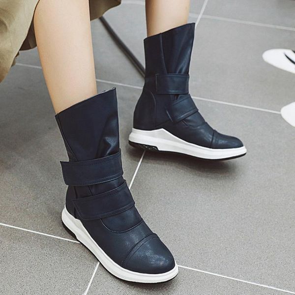 

women boots female winter shoes fashion pure color round toe hook and loop boots flat heels vintage women botas mujer#g3, Black