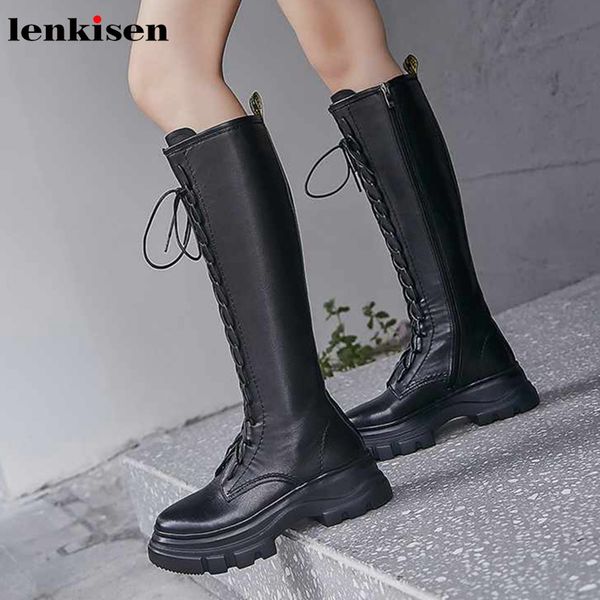 

lenkisen handsome simple style genuine leather high heels thick bottom round toe winter warm women lace up thigh high boots l12, Black