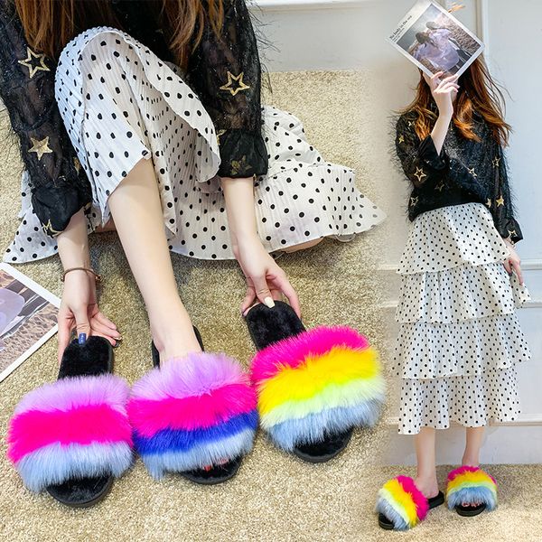 

rainbow color flat fur slides women shoes flip flops large size 36-41 cozy furry pantuflas comfortable plush slippers women 2020, Black