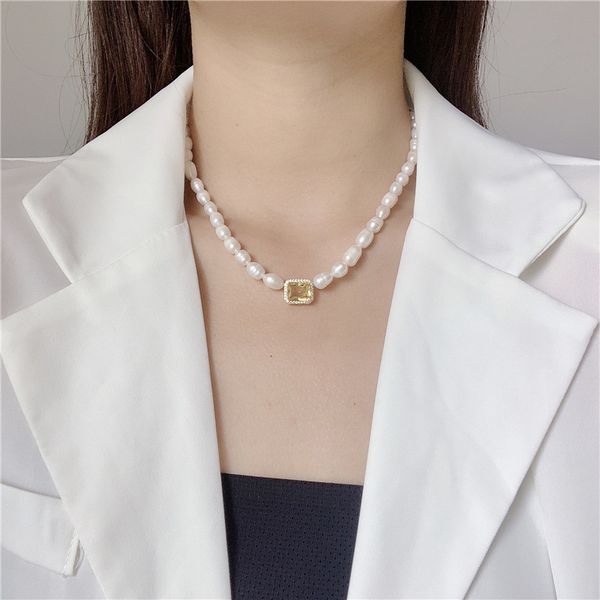 

srcoi french retro style natural freshwater pearl necklace simple square rhinestone beaded necklace female wedding gift, Golden;silver