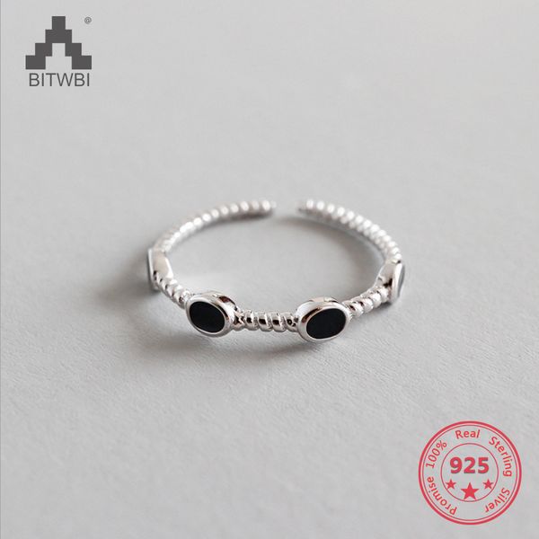 

real 925 sterling silver opening ring for women vintage twisted black epoxy adjustable finger rings fine jewelry, Golden;silver