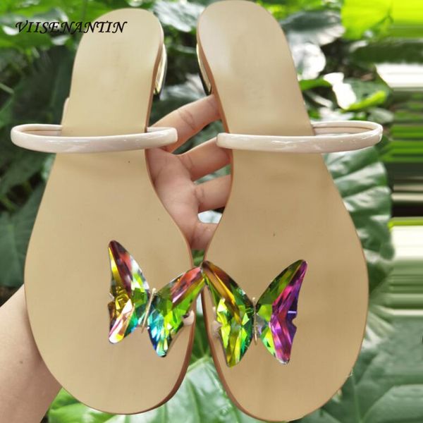 

lady beach flip flops crystal butterfly toe casual beach sandal summer vacation nice flat comfortable zapatos mujer, Black