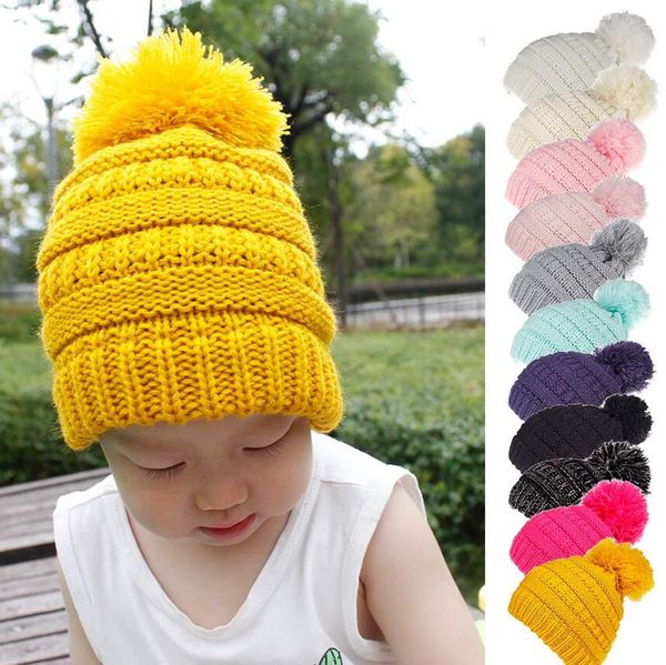 

kids pom pom beaies ins winter knitted hat warm wool hat ladies skull beanie solid children knit outdoor caps ljja2782-12