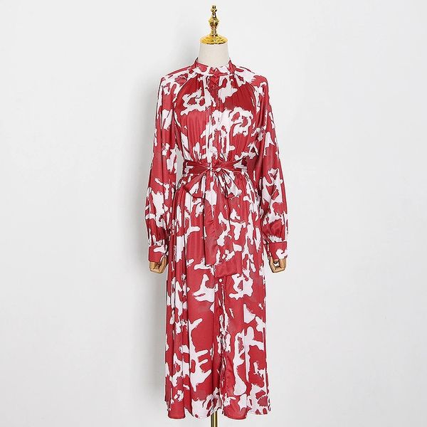 

australia early autumn new fashion stand- collar lantern long sleeve high waist belt dress, Black