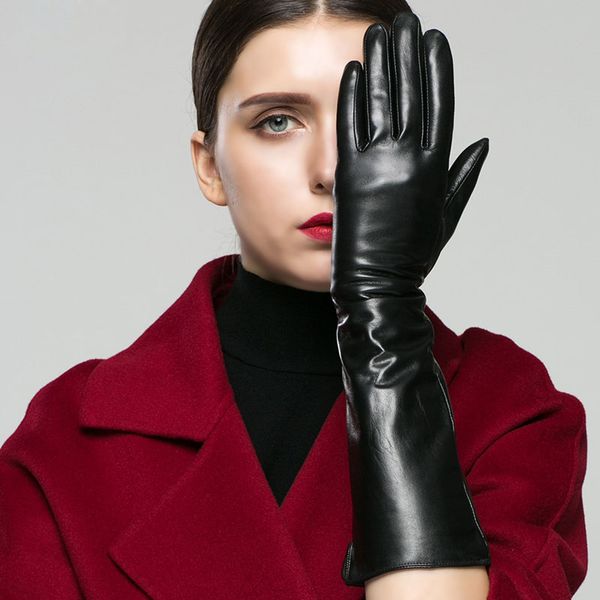 

long leather female high-grade sheepskin gloves fashion brand winter warm touch screen leather gloves mittens ing, Blue;gray