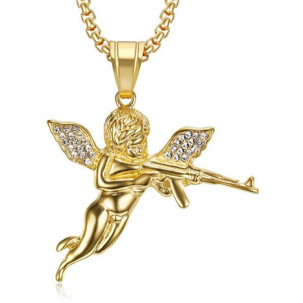 

pendant necklaces hip hop rhinestones paved bling iced out stainless steel battle angel pendants for men rapper jewelry drop, Silver
